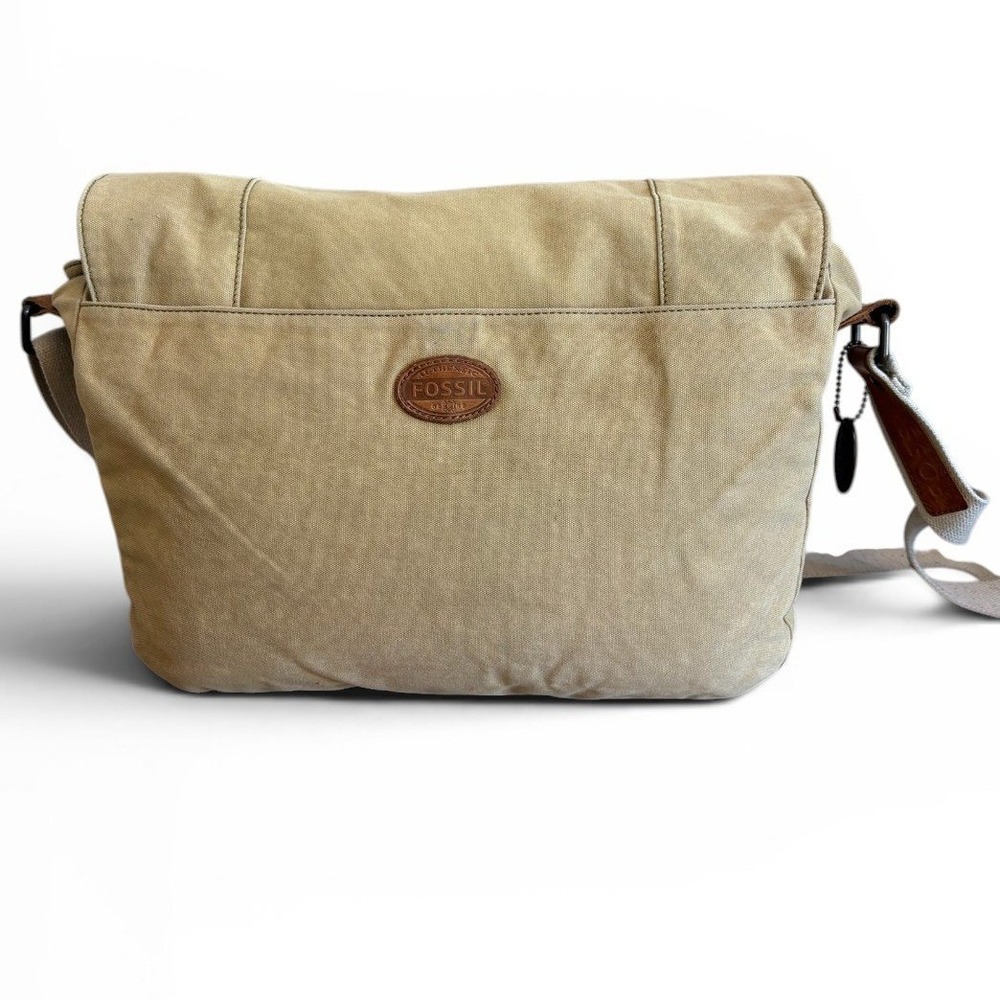 Fossil 54 Factory Machines Large Messenger Bag Khaki Canvas Leather Crossbody - Picture 2 of 8